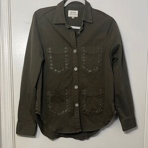 Olive Green Button-Up Jacket with Studded Pockets